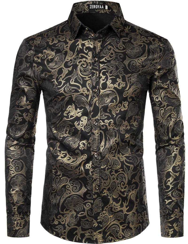 ZEROYAA Men's Luxury Gold Prom Design Slim Fit Long Sleeve Button up Party Dress Shirts ZZCL48 Black Gold X Large - Image 1